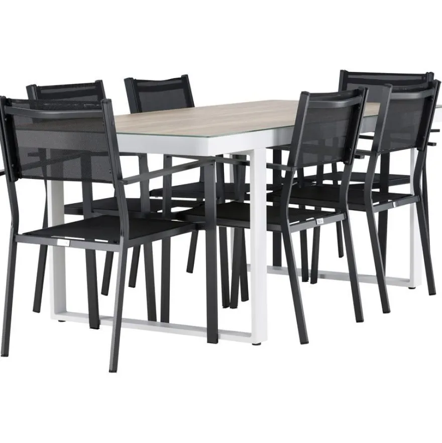 Ruokailuryhmä Venture Home, 200x90cm, beige/valkoinen Merlo-pöytä + 6 pinottavaa Copacabana-tuolia