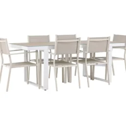 Ruokailuryhmä Venture Home, 200x90cm, beige/valkoinen Merlo-pöytä + 6 pinottavaa Copacabana-tuolia