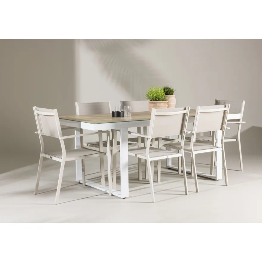 Ruokailuryhmä Venture Home, 200x90cm, beige/valkoinen Merlo-pöytä + 6 pinottavaa Copacabana-tuolia