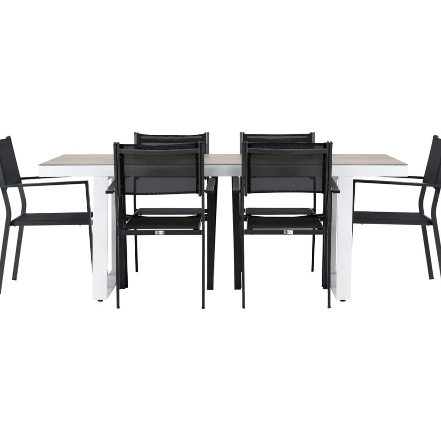Ruokailuryhmä Venture Home, 200x90cm, beige/valkoinen Merlo-pöytä + 6 pinottavaa Copacabana-tuolia