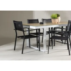 Ruokailuryhmä Venture Home, 200x90cm, beige/valkoinen Merlo-pöytä + 6 pinottavaa Copacabana-tuolia