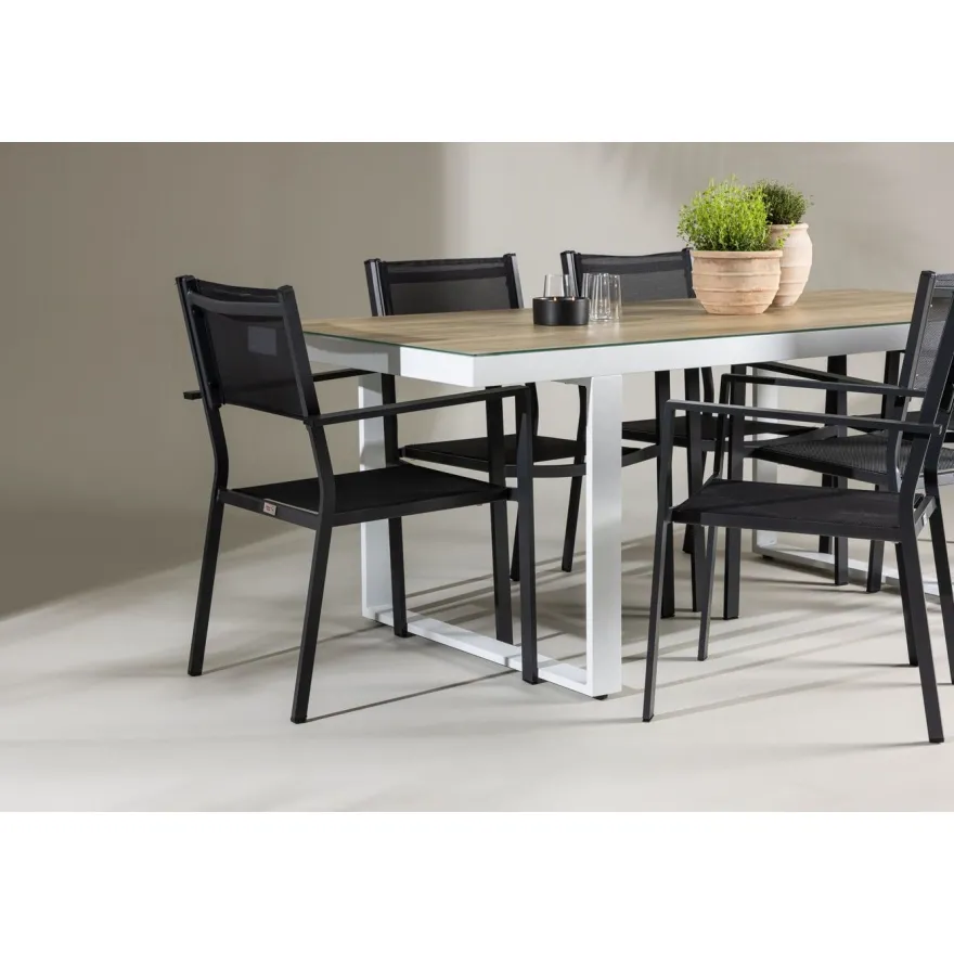 Ruokailuryhmä Venture Home, 200x90cm, beige/valkoinen Merlo-pöytä + 6 pinottavaa Copacabana-tuolia