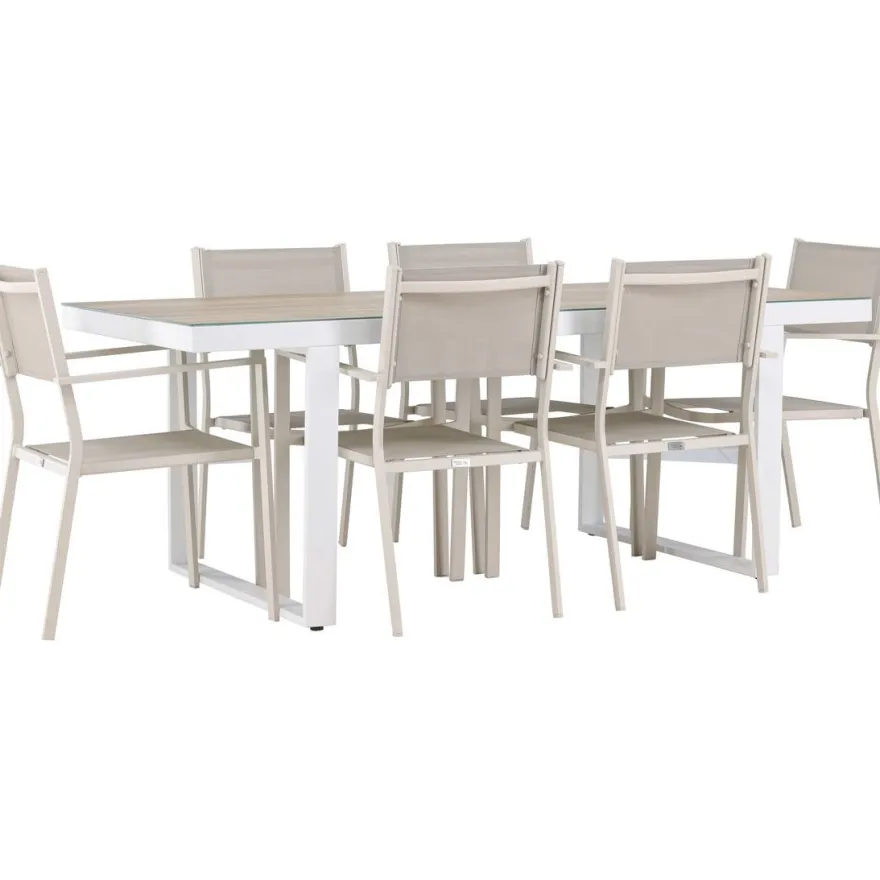 Ruokailuryhmä Venture Home, 200x90cm, beige/valkoinen Merlo-pöytä + 6 pinottavaa Copacabana-tuolia