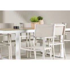 Ruokailuryhmä Venture Home, 200x90cm, beige/valkoinen Merlo-pöytä + 6 pinottavaa Copacabana-tuolia