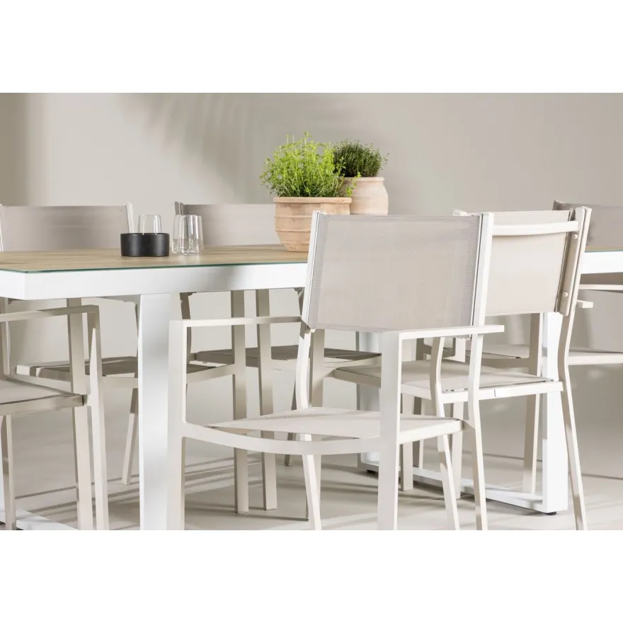 Ruokailuryhmä Venture Home, 200x90cm, beige/valkoinen Merlo-pöytä + 6 pinottavaa Copacabana-tuolia