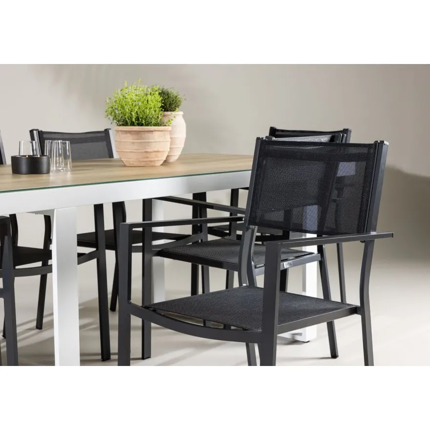 Ruokailuryhmä Venture Home, 200x90cm, beige/valkoinen Merlo-pöytä + 6 pinottavaa Copacabana-tuolia