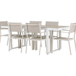 Ruokailuryhmä Venture Home, 200x90cm, beige/valkoinen Merlo-pöytä + 6 pinottavaa Copacabana-tuolia