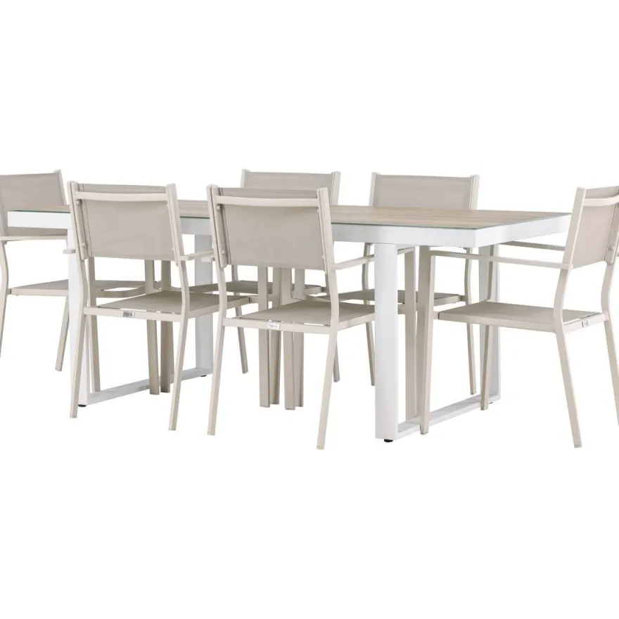 Ruokailuryhmä Venture Home, 200x90cm, beige/valkoinen Merlo-pöytä + 6 pinottavaa Copacabana-tuolia