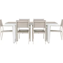 Ruokailuryhmä Venture Home, 200x90cm, beige/valkoinen Merlo-pöytä + 6 pinottavaa Copacabana-tuolia