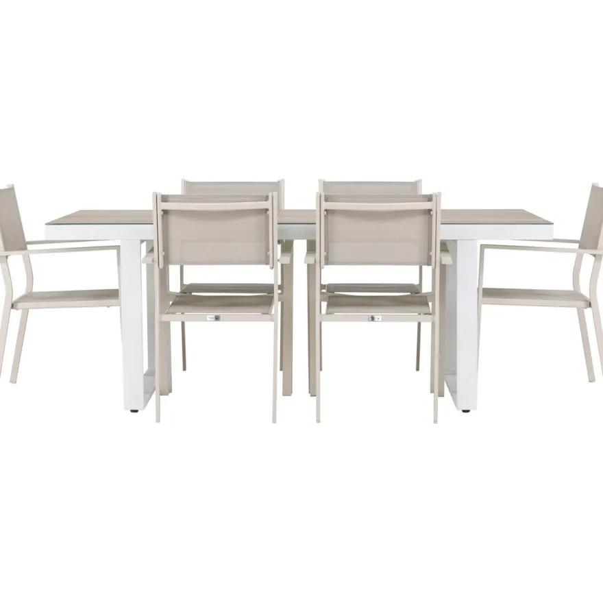 Ruokailuryhmä Venture Home, 200x90cm, beige/valkoinen Merlo-pöytä + 6 pinottavaa Copacabana-tuolia