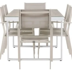 Ruokailuryhmä Venture Home, 200x90cm, beige/valkoinen Merlo-pöytä + 6 pinottavaa Copacabana-tuolia