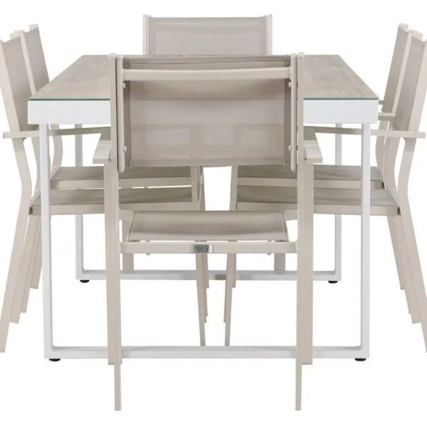 Ruokailuryhmä Venture Home, 200x90cm, beige/valkoinen Merlo-pöytä + 6 pinottavaa Copacabana-tuolia