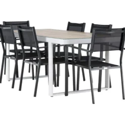 Ruokailuryhmä Venture Home, 200x90cm, beige/valkoinen Merlo-pöytä + 6 pinottavaa Copacabana-tuolia