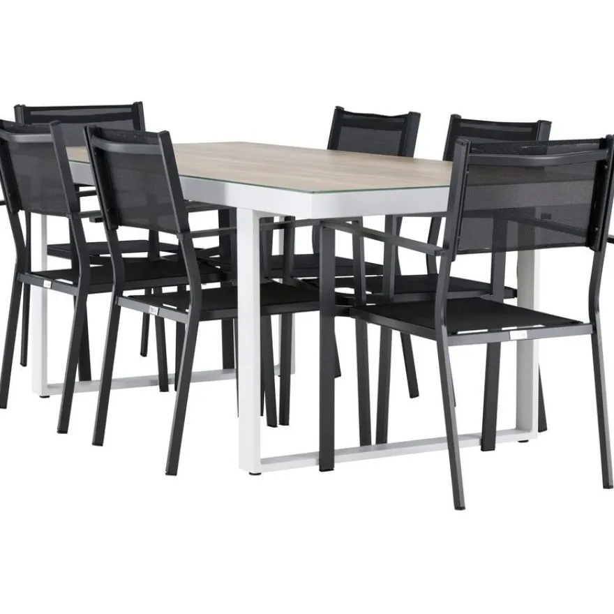 Ruokailuryhmä Venture Home, 200x90cm, beige/valkoinen Merlo-pöytä + 6 pinottavaa Copacabana-tuolia