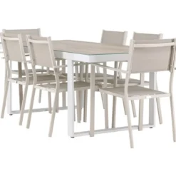 Ruokailuryhmä Venture Home, 200x90cm, beige/valkoinen Merlo-pöytä + 6 pinottavaa Copacabana-tuolia