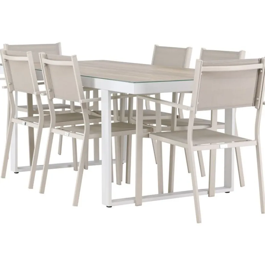 Ruokailuryhmä Venture Home, 200x90cm, beige/valkoinen Merlo-pöytä + 6 pinottavaa Copacabana-tuolia