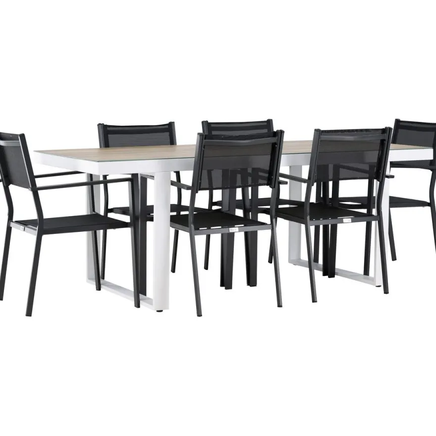 Ruokailuryhmä Venture Home, 200x90cm, beige/valkoinen Merlo-pöytä + 6 pinottavaa Copacabana-tuolia