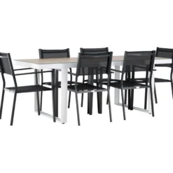 Ruokailuryhmä Venture Home, 200x90cm, beige/valkoinen Merlo-pöytä + 6 pinottavaa Copacabana-tuolia