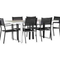 Ruokailuryhmä Venture Home, 200x90cm, beige/valkoinen Merlo-pöytä + 6 pinottavaa Copacabana-tuolia