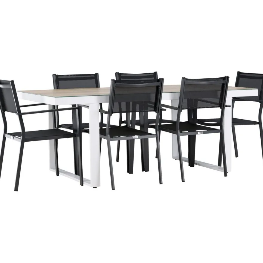 Ruokailuryhmä Venture Home, 200x90cm, beige/valkoinen Merlo-pöytä + 6 pinottavaa Copacabana-tuolia