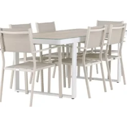 Ruokailuryhmä Venture Home, 200x90cm, beige/valkoinen Merlo-pöytä + 6 pinottavaa Copacabana-tuolia