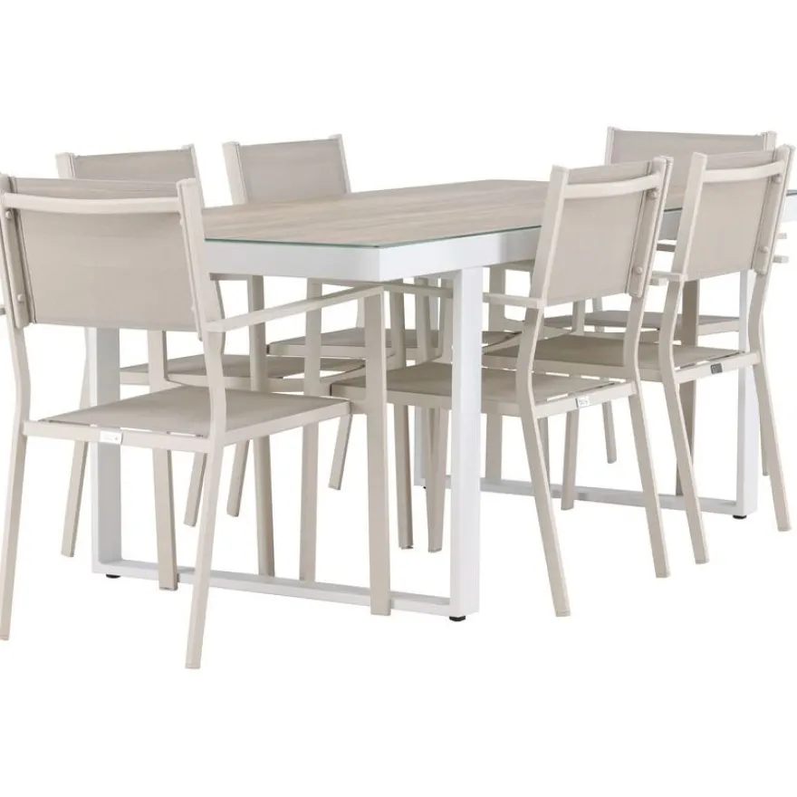 Ruokailuryhmä Venture Home, 200x90cm, beige/valkoinen Merlo-pöytä + 6 pinottavaa Copacabana-tuolia