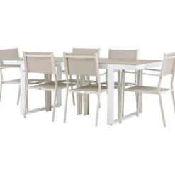 Ruokailuryhmä Venture Home, 200x90cm, beige/valkoinen Merlo-pöytä + 6 pinottavaa Copacabana-tuolia