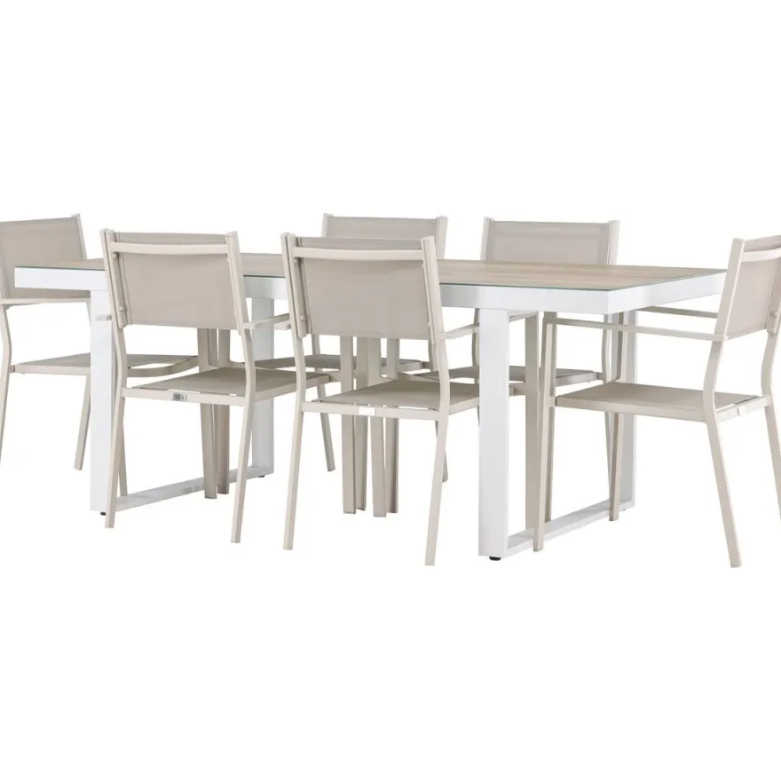 Ruokailuryhmä Venture Home, 200x90cm, beige/valkoinen Merlo-pöytä + 6 pinottavaa Copacabana-tuolia