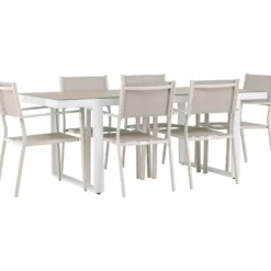 Ruokailuryhmä Venture Home, 200x90cm, beige/valkoinen Merlo-pöytä + 6 pinottavaa Copacabana-tuolia