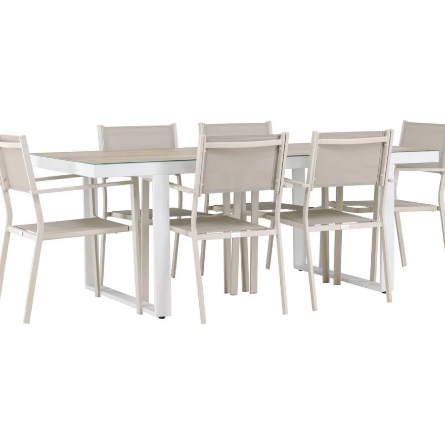 Ruokailuryhmä Venture Home, 200x90cm, beige/valkoinen Merlo-pöytä + 6 pinottavaa Copacabana-tuolia