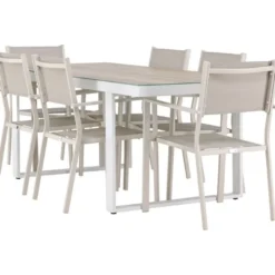 Ruokailuryhmä Venture Home, 200x90cm, beige/valkoinen Merlo-pöytä + 6 pinottavaa Copacabana-tuolia