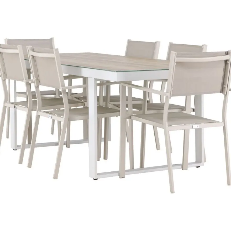 Ruokailuryhmä Venture Home, 200x90cm, beige/valkoinen Merlo-pöytä + 6 pinottavaa Copacabana-tuolia