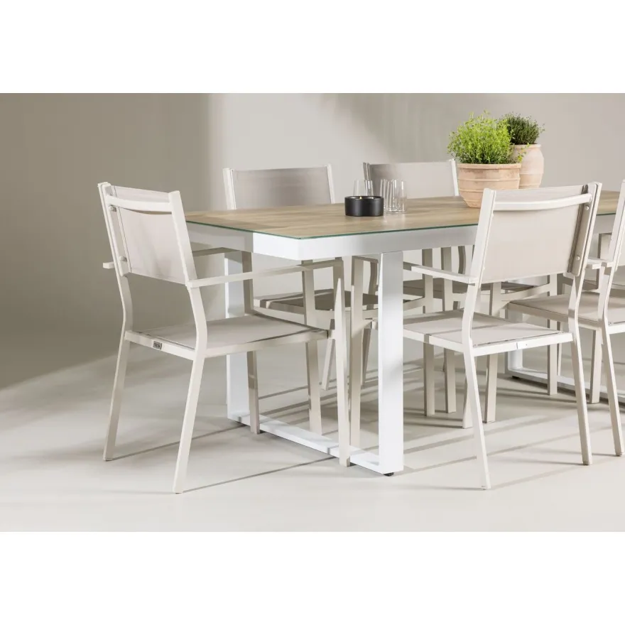Ruokailuryhmä Venture Home, 200x90cm, beige/valkoinen Merlo-pöytä + 6 pinottavaa Copacabana-tuolia