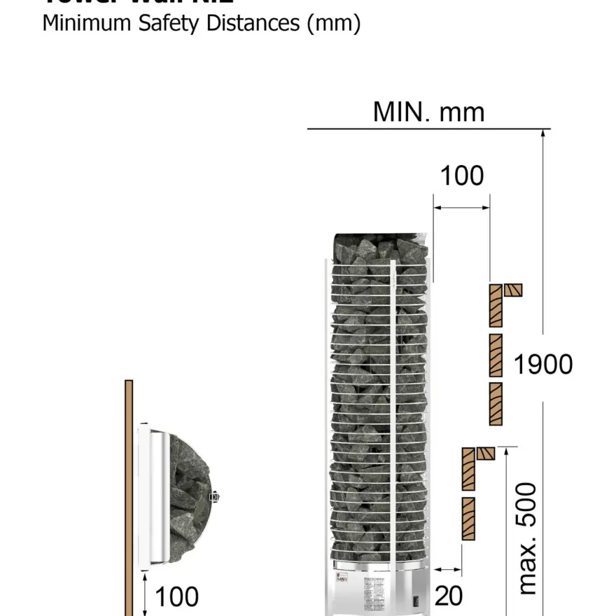 Sähkökiuas SAWO Tower Wall Ni2, 6kW, 5-8m³, erillinen ohjaus