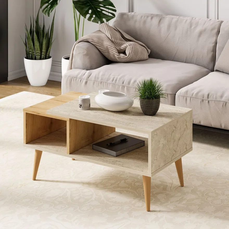 Sohvapöytä Linento Furniture Austin, 90x50cm, ruskea/beige travertiinikuosi
