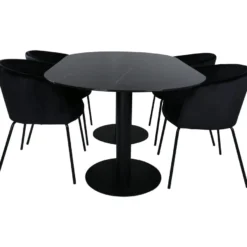 Soikea ruokailuryhmä Venture Home, 180x100cm musta Pillan-pöytä + 4 Berit-tuolia, sametti
