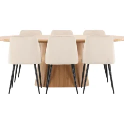 Soikea ruokailuryhmä Venture Home, 200x90cm ruskea Stjärnö-pöytä + 6 beigeä Night-tuolia, sametti