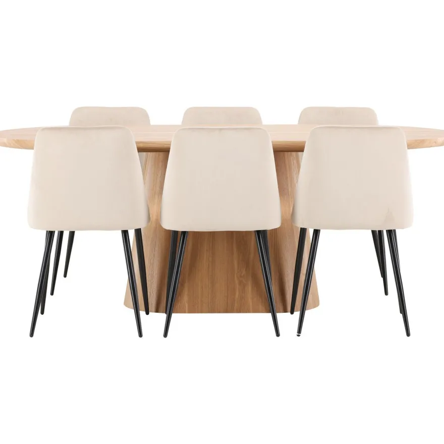 Soikea ruokailuryhmä Venture Home, 200x90cm ruskea Stjärnö-pöytä + 6 beigeä Night-tuolia, sametti