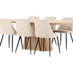 Soikea ruokailuryhmä Venture Home, 200x90cm ruskea Stjärnö-pöytä + 6 beigeä Night-tuolia, sametti