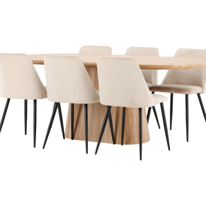 Soikea ruokailuryhmä Venture Home, 200x90cm ruskea Stjärnö-pöytä + 6 beigeä Night-tuolia, sametti