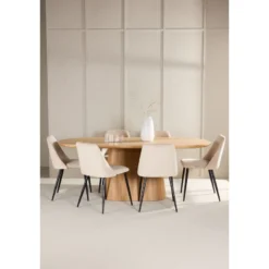 Soikea ruokailuryhmä Venture Home, 200x90cm ruskea Stjärnö-pöytä + 6 beigeä Night-tuolia, sametti