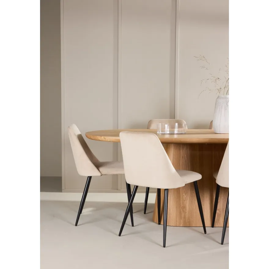 Soikea ruokailuryhmä Venture Home, 200x90cm ruskea Stjärnö-pöytä + 6 beigeä Night-tuolia, sametti