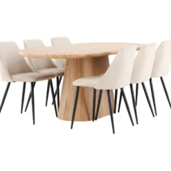 Soikea ruokailuryhmä Venture Home, 200x90cm ruskea Stjärnö-pöytä + 6 beigeä Night-tuolia, sametti