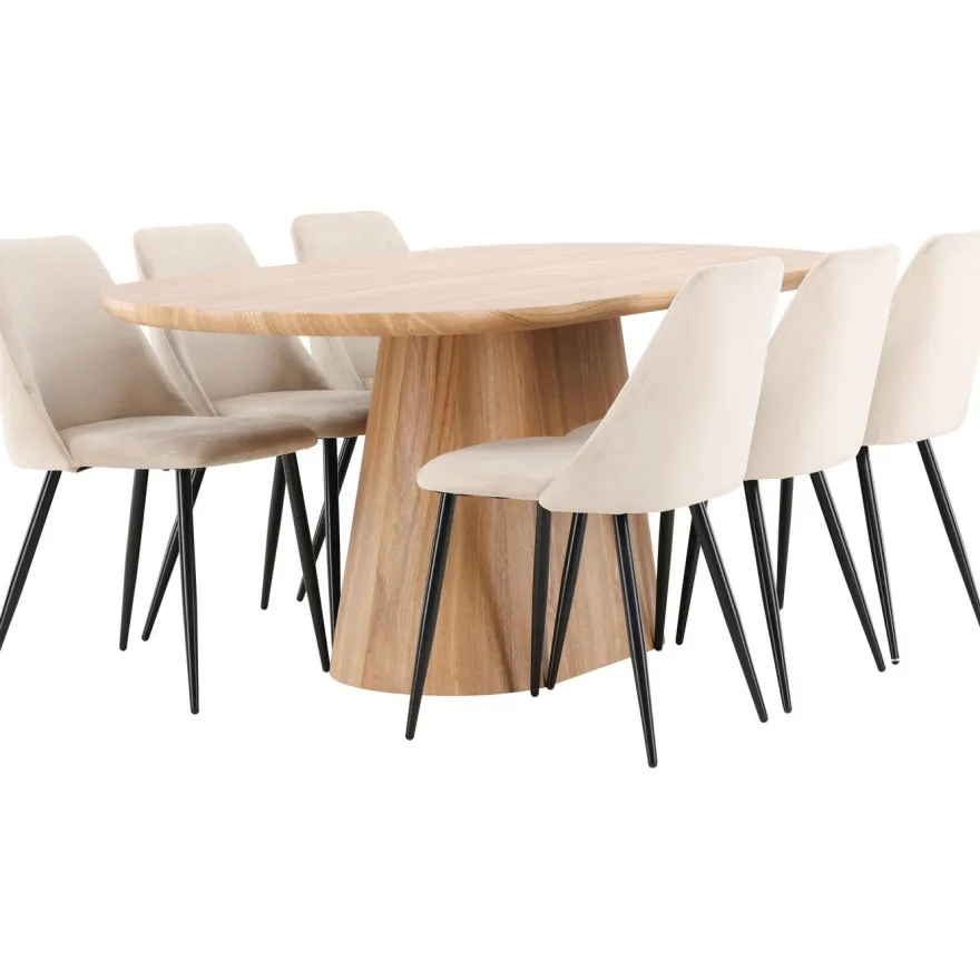 Soikea ruokailuryhmä Venture Home, 200x90cm ruskea Stjärnö-pöytä + 6 beigeä Night-tuolia, sametti