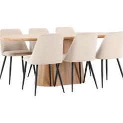 Soikea ruokailuryhmä Venture Home, 200x90cm ruskea Stjärnö-pöytä + 6 beigeä Night-tuolia, sametti