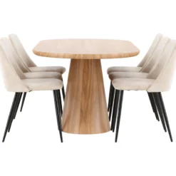 Soikea ruokailuryhmä Venture Home, 200x90cm ruskea Stjärnö-pöytä + 6 beigeä Night-tuolia, sametti