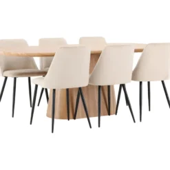 Soikea ruokailuryhmä Venture Home, 200x90cm ruskea Stjärnö-pöytä + 6 beigeä Night-tuolia, sametti