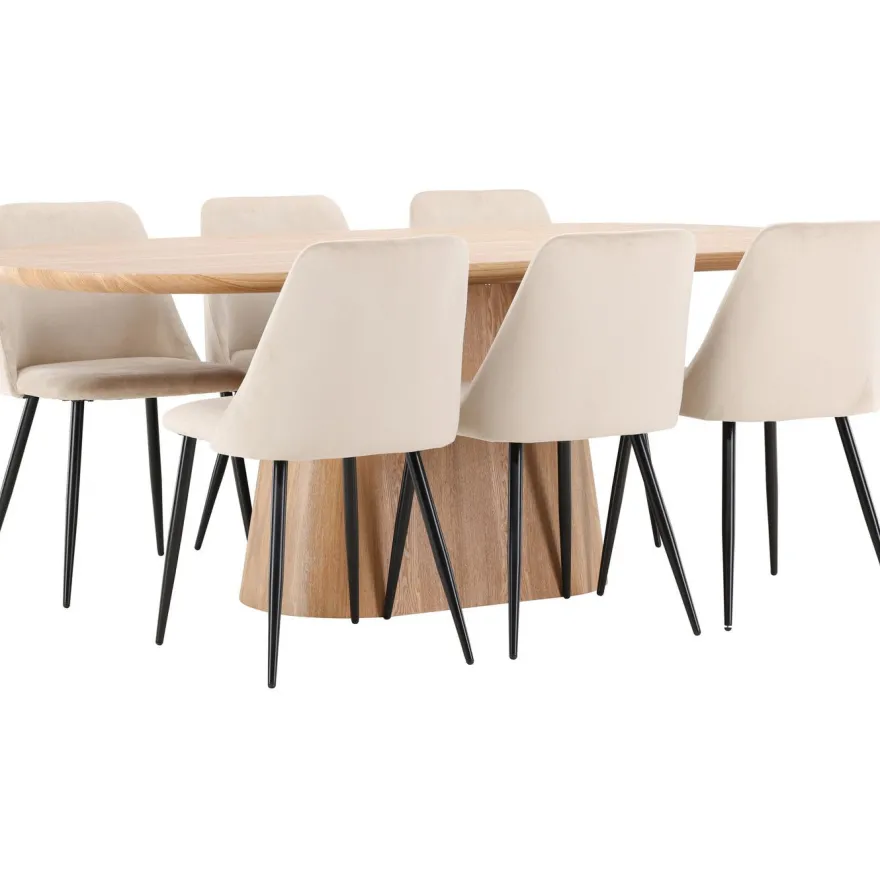 Soikea ruokailuryhmä Venture Home, 200x90cm ruskea Stjärnö-pöytä + 6 beigeä Night-tuolia, sametti
