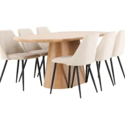 Soikea ruokailuryhmä Venture Home, 200x90cm ruskea Stjärnö-pöytä + 6 beigeä Night-tuolia, sametti