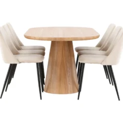 Soikea ruokailuryhmä Venture Home, 200x90cm ruskea Stjärnö-pöytä + 6 beigeä Night-tuolia, sametti